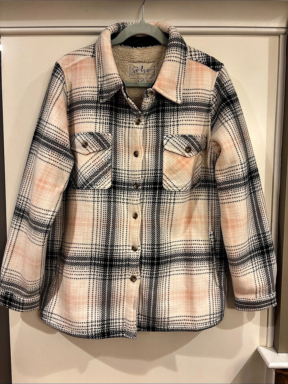 Soho Threads Shacket Plaid Fleece Sherpa-Lined Shirt Jacket Cream, Pink, Gray XL